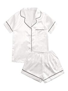 sweatyrocks women's short sleeve sleepwear button down satin 2 piece pajama set white medium