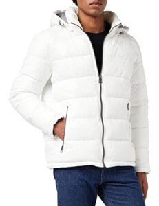 guess men mid-weight puffer jacket with removable hood, white, medium