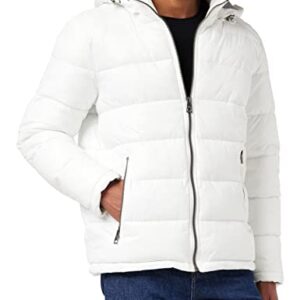 GUESS Men Mid-Weight Puffer Jacket with Removable Hood, White, Medium