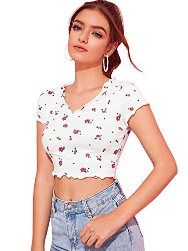SweatyRocks Women's Basic Crop Top Short Sleeve Round Neck Tee T-Shirt (Small, White-1)