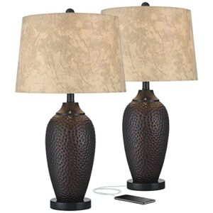 franklin iron works kaly rustic traditional table lamps 25" high set of 2 with usb charging port hammered oil rubbed bronze faux leather drum shade for living room desk bedroom house bedside