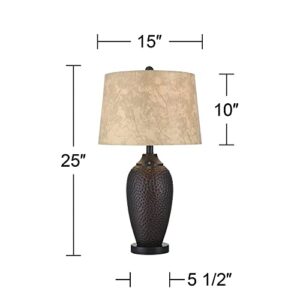 Franklin Iron Works Kaly Rustic Traditional Table Lamps 25" High Set of 2 with USB Charging Port Hammered Oil Rubbed Bronze Faux Leather Drum Shade for Living Room Desk Bedroom House Bedside