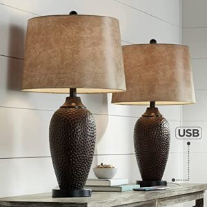 Franklin Iron Works Kaly Rustic Traditional Table Lamps 25" High Set of 2 with USB Charging Port Hammered Oil Rubbed Bronze Faux Leather Drum Shade for Living Room Desk Bedroom House Bedside