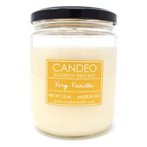 candeo candle very vanilla soy jar candle, 12 oz - highly scented - made with soy wax - handmade in the usa