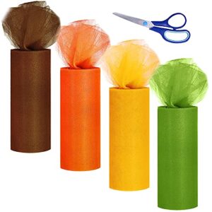 Supla 4 Colors Fall Autumn Tulle Rolls Orange Yellow Brown Tulle Fabric Ribbon Tulle Netting Rolls Spool - 6" by 25 Yards/Spool for Fall Wreath Autumn Crafts Hair Accessories Bows Party Table Skirt