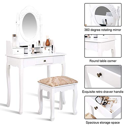 Giantex Vanity Set Makeup Dressing Table with Mirror, White Vanity Tables for Bedroom Bathroom Large Dress Table Vanity Desk with Padded Bench Chair, Vanities with Stool