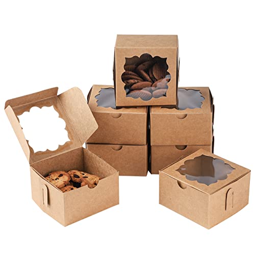 NPLUX 50pcs Cookie Boxes with Window Bakery Boxes Small Treat Boxes Mini Pie Boxes Pastry Boxes 4x4x2.5in(Brown)