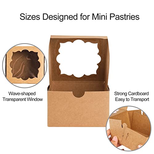 NPLUX 50pcs Cookie Boxes with Window Bakery Boxes Small Treat Boxes Mini Pie Boxes Pastry Boxes 4x4x2.5in(Brown)