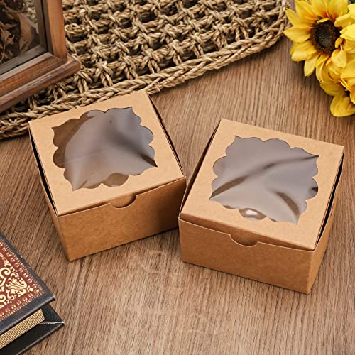 NPLUX 50pcs Cookie Boxes with Window Bakery Boxes Small Treat Boxes Mini Pie Boxes Pastry Boxes 4x4x2.5in(Brown)