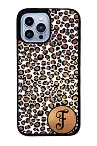 white gold foil leopard personalized initial apple iphone black rubber phone case compatible with iphone 14 pro max, pro, max, iphone 13 pro max mini, 12 pro max mini, 11 pro max x xs max xr 8 7 plus