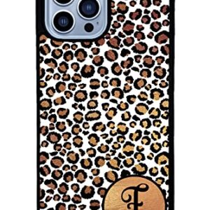 White Gold Foil Leopard Personalized Initial Apple iPhone Black Rubber Phone Case Compatible with iPhone 14 Pro Max, Pro, Max, iPhone 13 Pro Max Mini, 12 Pro Max Mini, 11 Pro Max X XS Max XR 8 7 Plus