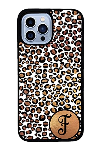 White Gold Foil Leopard Personalized Initial Apple iPhone Black Rubber Phone Case Compatible with iPhone 14 Pro Max, Pro, Max, iPhone 13 Pro Max Mini, 12 Pro Max Mini, 11 Pro Max X XS Max XR 8 7 Plus