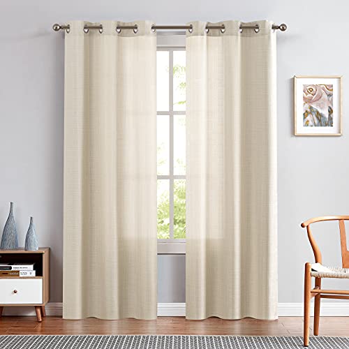 jinchan Beige Linen Textured Curtains 84 Inch Long 2 Panels for Living Room Grommet Top Light Filtering Window Drapes for Bedroom Heathered Beige