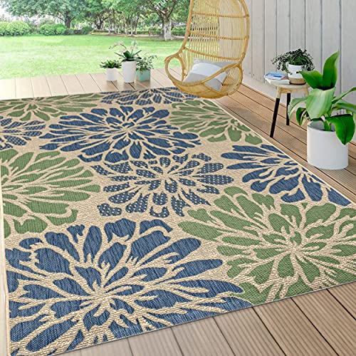 JONATHAN Y SMB110B-8 Zinnia Modern Floral Textured Weave Indoor Outdoor Area-Rug Bohemian Coastal Easy-Cleaning Bedroom Kitchen Backyard Patio Non Shedding, 8 X 10, Navy/Green