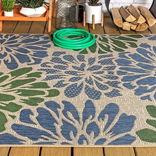JONATHAN Y SMB110B-8 Zinnia Modern Floral Textured Weave Indoor Outdoor Area-Rug Bohemian Coastal Easy-Cleaning Bedroom Kitchen Backyard Patio Non Shedding, 8 X 10, Navy/Green