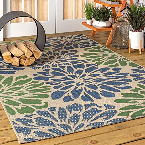 JONATHAN Y SMB110B-8 Zinnia Modern Floral Textured Weave Indoor Outdoor Area-Rug Bohemian Coastal Easy-Cleaning Bedroom Kitchen Backyard Patio Non Shedding, 8 X 10, Navy/Green