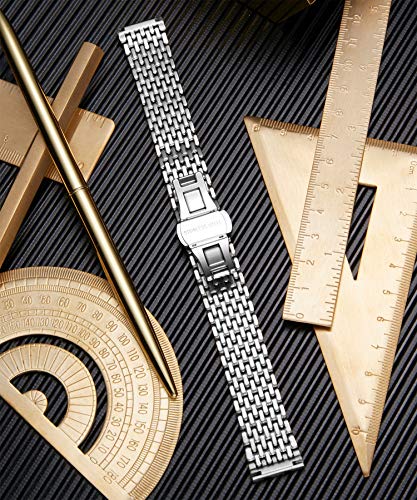 BINLUN Ultra Thin Mesh Stainless Steel Watch Band Light Watch Strap Polished Watch Bracelets Replacement 12mm/14mm/16mm/18mm/20mm/22mm for Men Women with Butterfly Buckle(Silver and Rose Gold,18mm)