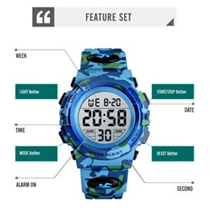 Dayllon Boys Watch Digital Sports 50M Waterproof Watches Boys Girls Children Analog Quartz Wristwatch with Alarm - Camo Blue