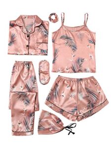 shein women's 7pcs pajama set cami pjs with shirt and eye mask pink crane large