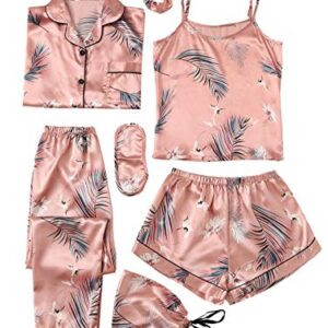 SheIn Women's 7pcs Pajama Set Cami Pjs with Shirt and Eye Mask Pink Crane Large