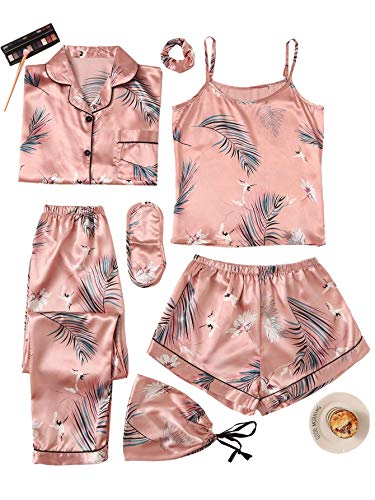 SheIn Women's 7pcs Pajama Set Cami Pjs with Shirt and Eye Mask Pink Crane Large