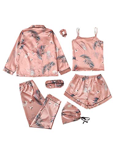 SheIn Women's 7pcs Pajama Set Cami Pjs with Shirt and Eye Mask Pink Crane Large