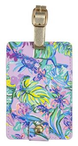 lilly pulitzer leatherette luggage tag with secure strap, colorful suitcase identifier for travel, mermaid in the shade