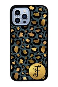 blue gold foil leopard personalized initial apple iphone black rubber phone case compatible with iphone 14 pro max, pro, max, iphone 13 pro max mini, 12 pro max mini, 11 pro max x xs max xr 8 7 plus