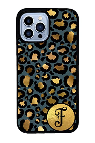 Blue Gold Foil Leopard Personalized Initial Apple iPhone Black Rubber Phone Case Compatible with iPhone 14 Pro Max, Pro, Max, iPhone 13 Pro Max Mini, 12 Pro Max Mini, 11 Pro Max X XS Max XR 8 7 Plus