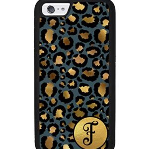 Blue Gold Foil Leopard Personalized Initial Apple iPhone Black Rubber Phone Case Compatible with iPhone 14 Pro Max, Pro, Max, iPhone 13 Pro Max Mini, 12 Pro Max Mini, 11 Pro Max X XS Max XR 8 7 Plus