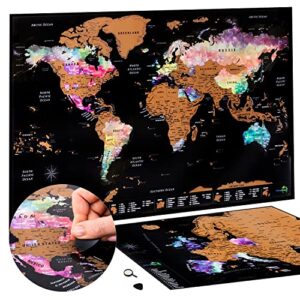 scratch off travel map + bonus europe map | premium world map scratch off poster in nebula watercolor | travel scratch off map with accessories kit and travel map gift tube