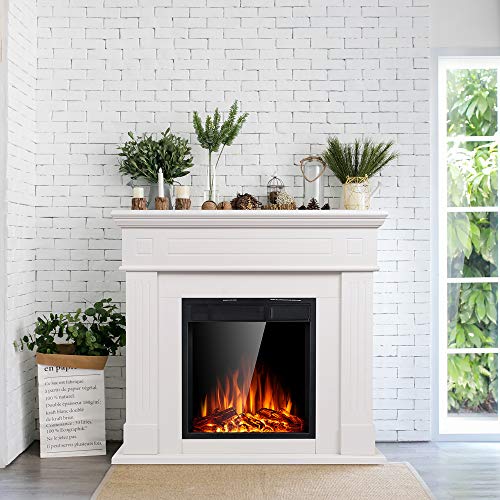 JAMFLY Electric Fireplace Mantel Package Wooden Surround Firebox TV Stand Free Standing Electric Fireplace Heater with Logs, Adjustable Led Flame, Remote Control, 750W-1500W, Lvory White…