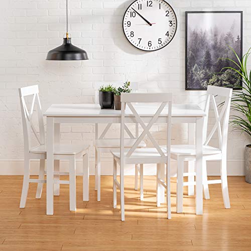 Walker Edison 4 Person Modern Farmhouse Wood Small Dining Table with 4 Chairs Set for Dining Room Kitchen, 48 Inch, White