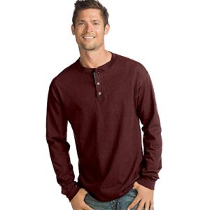 hanes mens beefy long sleeve three-button henley shirt, mulled berry, x-large us