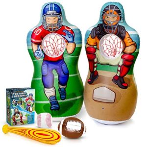 super pumped! inflatable double-sided baseball & football target set - blow up toy with soft football, baseball & inflatable bat - fun toss games for indoor, outdoor, backyard & party favor - 5 feet