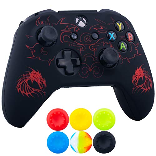 9CDeer 1 x Silicone Laser Carving Protective Cover Skin + 6 Thumb Grips for Xbox One S/X Controller Dragon Red