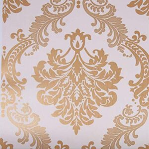 Lependor 17.71" X 118" Luxury Gold Damask Peel and Stick Wallpaper Removable Printed Stick Wall Paper Decorative Self Adhesive Shelf Drawer Liner Roll - 17.71" X 9.8 ft, Gold Damask