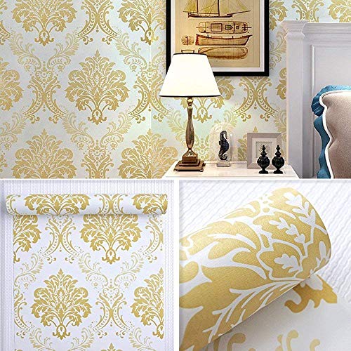 Lependor 17.71" X 118" Luxury Gold Damask Peel and Stick Wallpaper Removable Printed Stick Wall Paper Decorative Self Adhesive Shelf Drawer Liner Roll - 17.71" X 9.8 ft, Gold Damask