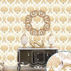 Lependor 17.71" X 118" Luxury Gold Damask Peel and Stick Wallpaper Removable Printed Stick Wall Paper Decorative Self Adhesive Shelf Drawer Liner Roll - 17.71" X 9.8 ft, Gold Damask