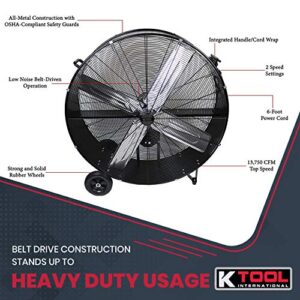 K Tool International 77742; 42” Belt Drive Drum Fan; Industrial Fan, Garage, Shop, High Speed 2-Speed, Durable, Cut-Off Protection, Easy Mobility Rubber Wheels; 1 Year Warranty, 14,800 Max CFM, Black