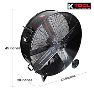 K Tool International 77742; 42” Belt Drive Drum Fan; Industrial Fan, Garage, Shop, High Speed 2-Speed, Durable, Cut-Off Protection, Easy Mobility Rubber Wheels; 1 Year Warranty, 14,800 Max CFM, Black