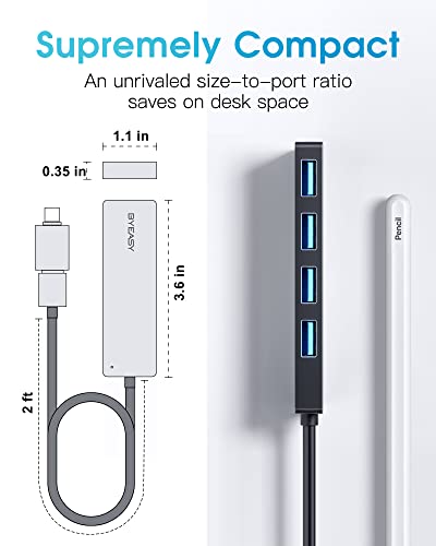 BYEASY USB Hub, USB 3.1 C to USB 3.0 Hub with 4 Ports and 2ft Extended Cable, Ultra Slim Portable USB Splitter for MacBook, Mac Pro/Mini, iMac, Ps4, PS5, Surface Pro,Flash Drive, Samsung(Black)