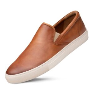 dunross & sons men's fashion sneakers, leather sneakers for men, ollie tan slip-on low top mens casual shoes.