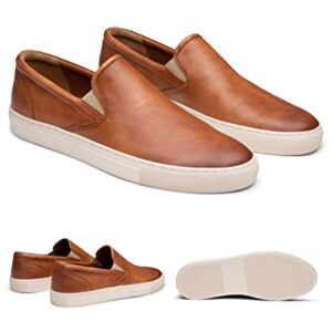 Dunross & Sons Men's Fashion Sneakers, Leather Sneakers for Men, Ollie Tan Slip-On Low Top Mens Casual Shoes.