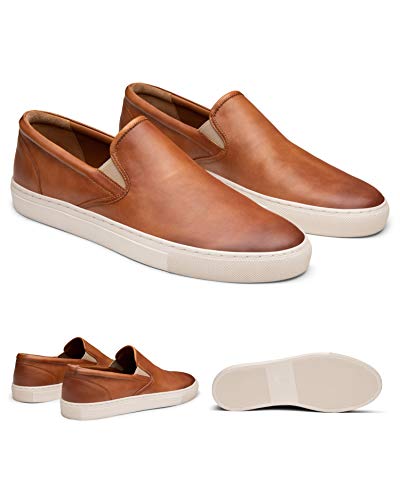 Dunross & Sons Men's Fashion Sneakers, Leather Sneakers for Men, Ollie Tan Slip-On Low Top Mens Casual Shoes.