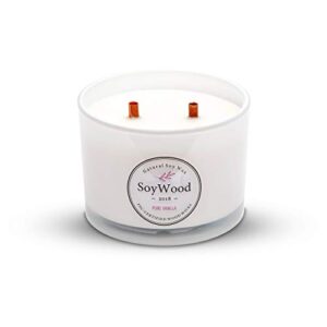 soywood 100% soy scented candle, all natural stress relief candle with 2 wooden wicks :: long burning, relaxing, nontoxic, 13 oz. in white glass jar candles (pure vanilla)