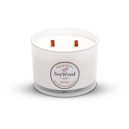 SoyWood 100% Soy Scented Candle, All Natural Stress Relief Candle with 2 Wooden Wicks :: Long Burning, Relaxing, Nontoxic, 13 Oz. in White Glass Jar Candles (Pure Vanilla)