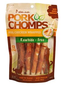 pork chomps baked pork skin dog chews, 5-inch mini twists, real chicken wrap, 12 count