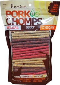 pork chomps dog chews, 5-inch munchy sticks, assorted flavors, 100 count