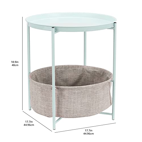 Amazon Basics Round Storage End Table, Side Table with Cloth Basket, Mint Green/Heather Gray, 18 in x 18 in x 19 in